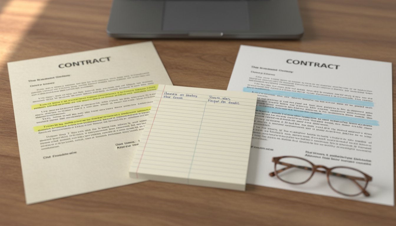 Top-down view of a desk with two printed contracts side by side, each highlighted on different clauses, reading glasses, a closed laptop and a notepad with a handwritten comparison.