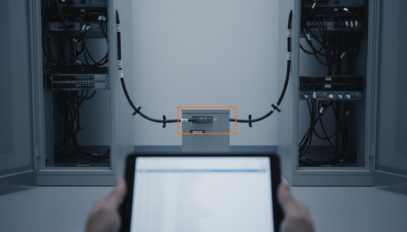 Two separated network cabinets linked by a single cable through a small intermediary cabinet, while hands in the foreground hold a tablet showing a log.
