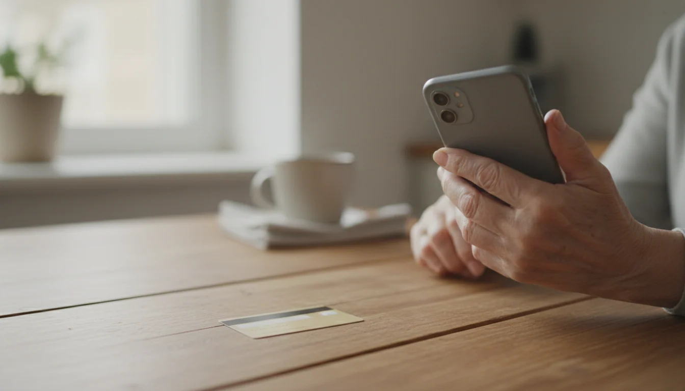 Een oudere hand houdt een smartphone tegen het oor terwijl verderop op de keukentafel in daglicht een bankpas apart ligt.