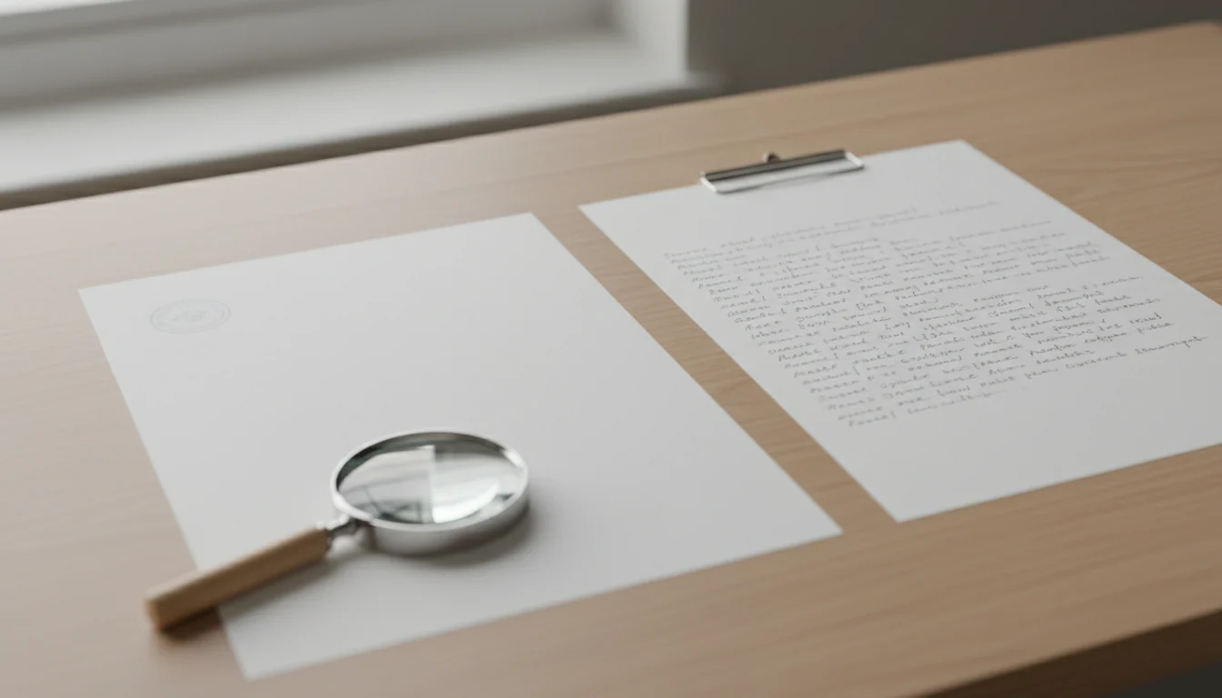 Twee vellen papier naast elkaar op een houten bureau: links een bijna leeg blad met een vage stempel, rechts een vel vol handgeschreven aantekeningen, met een loep ernaast.