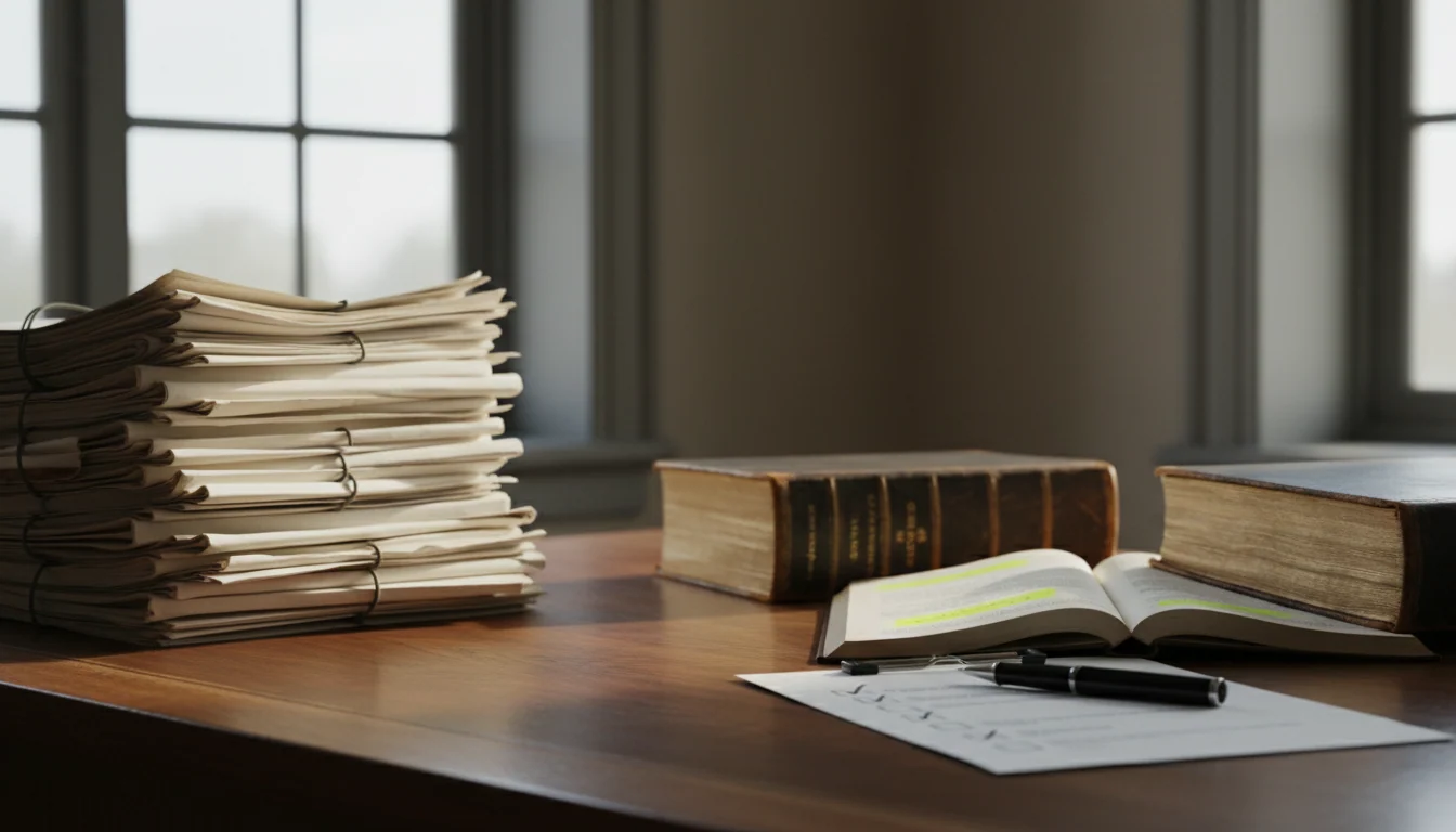 A tall pile of loose printed source pages on the left of a desk, separated from two open statute books, a highlighted ruling and a ticked checklist with a pen on the right.