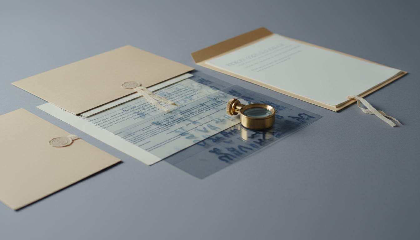 A row of transparent data sheets from cloudy to clear, with a magnifying loupe, a sealed and a re-opened archival folder on a grey table.