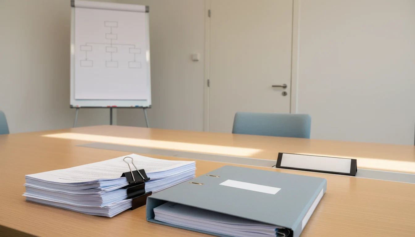A meeting table with a stack of dossiers and a whiteboard organisational chart on one side, and an empty chair with a blank nameplate holder on the other.