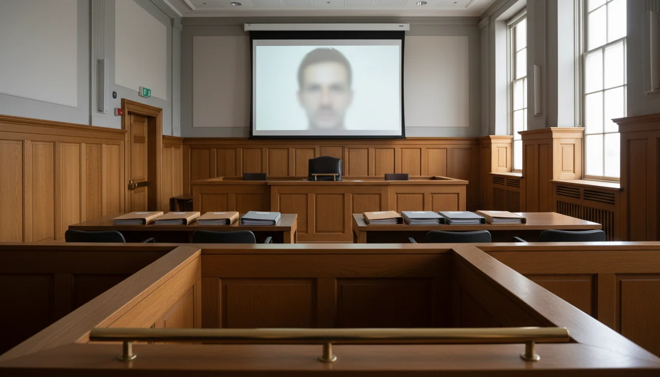 A quiet courtroom with a front screen showing a blurred, unrecognisable human face, an empty witness box and an empty judge's chair in the foreground.