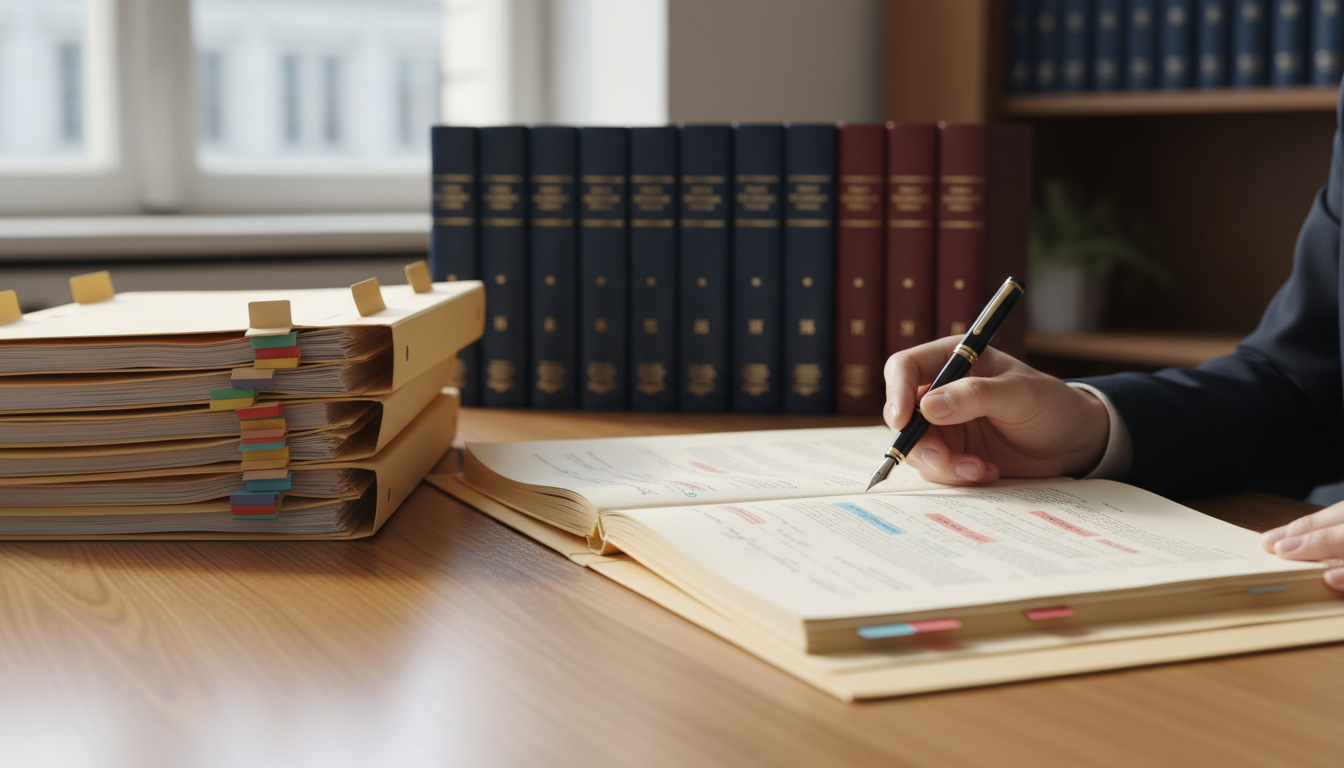 Bureau met meerdere gesloten dossiermappen met gekleurde tabbladen links, één geopende map met aantekeningen in het midden en een hand die met pen een zaakdossier annoteert.