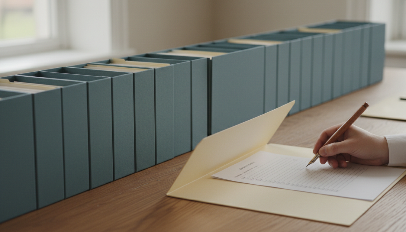 Een rij gelabelde mappen op een houten bureau, waarvan er één openligt met een checklist waarbij een hand met vulpen een vinkje zet.