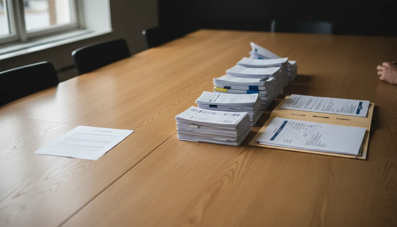 On a meeting table a thin contract lies on the left and an ascending row of printed log tables, version records and a sealed folder beside an opened one lies on the right.