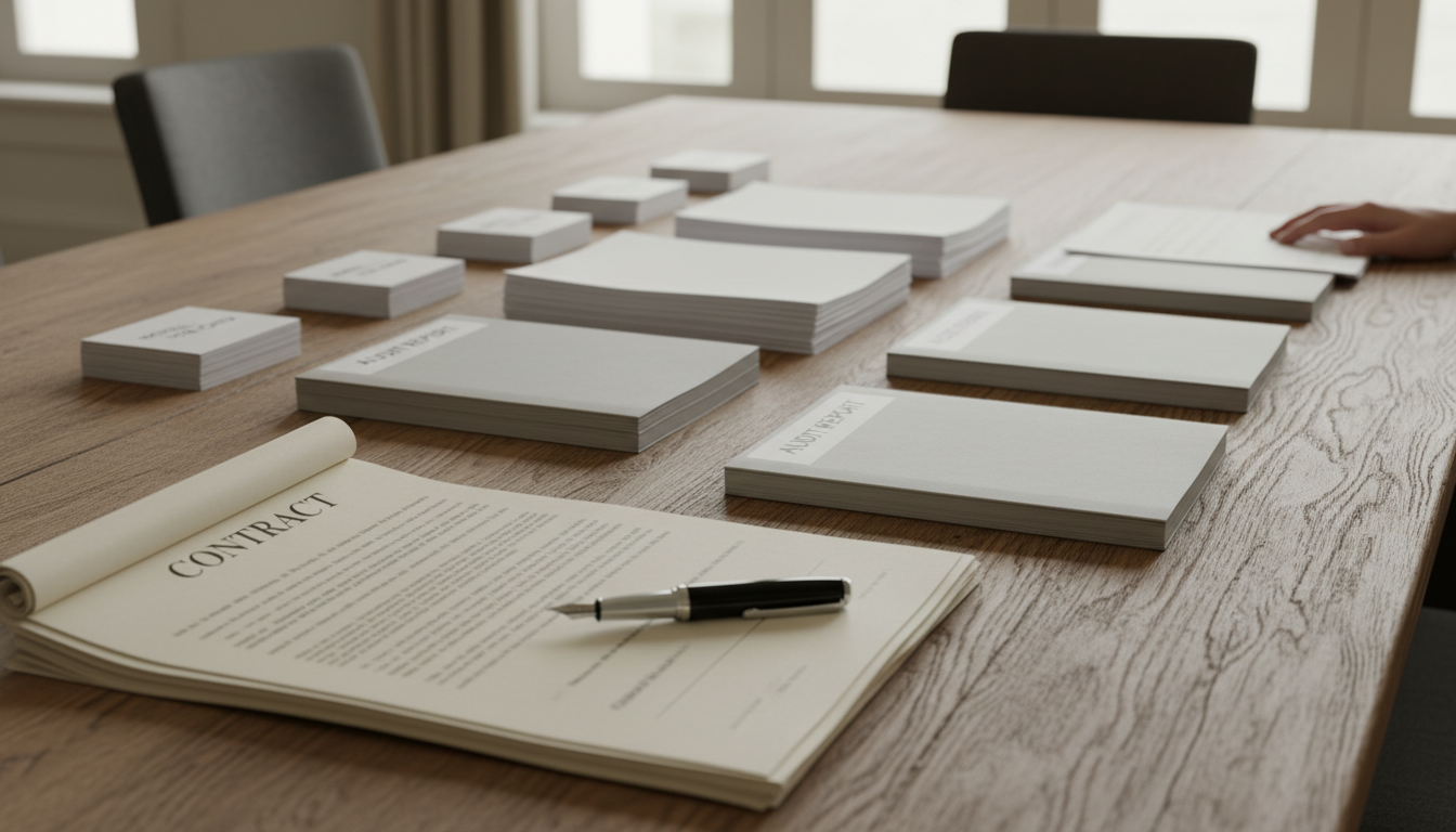 Bovenaanzicht van een tafel met een ondertekend contract en een vulpen naast geordende, gescheiden stapels mappen en rapporten in daglicht.