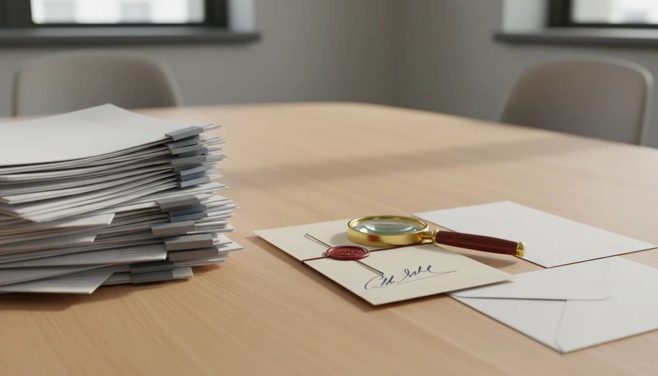 A thick pile of printed audit records beside a thin sealed and signed evidence packet with a magnifying glass on a pale conference table.