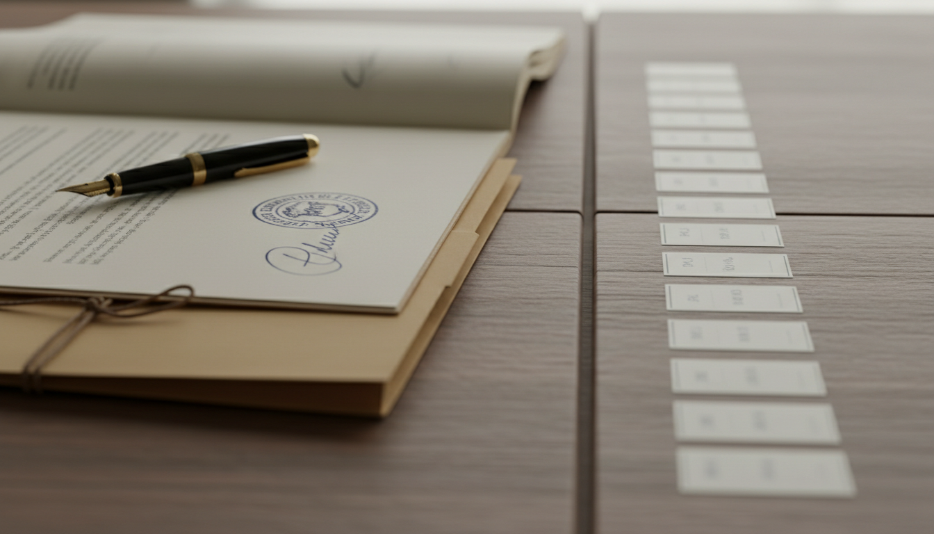 Een ondertekend en gestempeld papieren dossier links op een bureau, naast een geordende rij kleine genummerde werkstroomkaarten rechts.