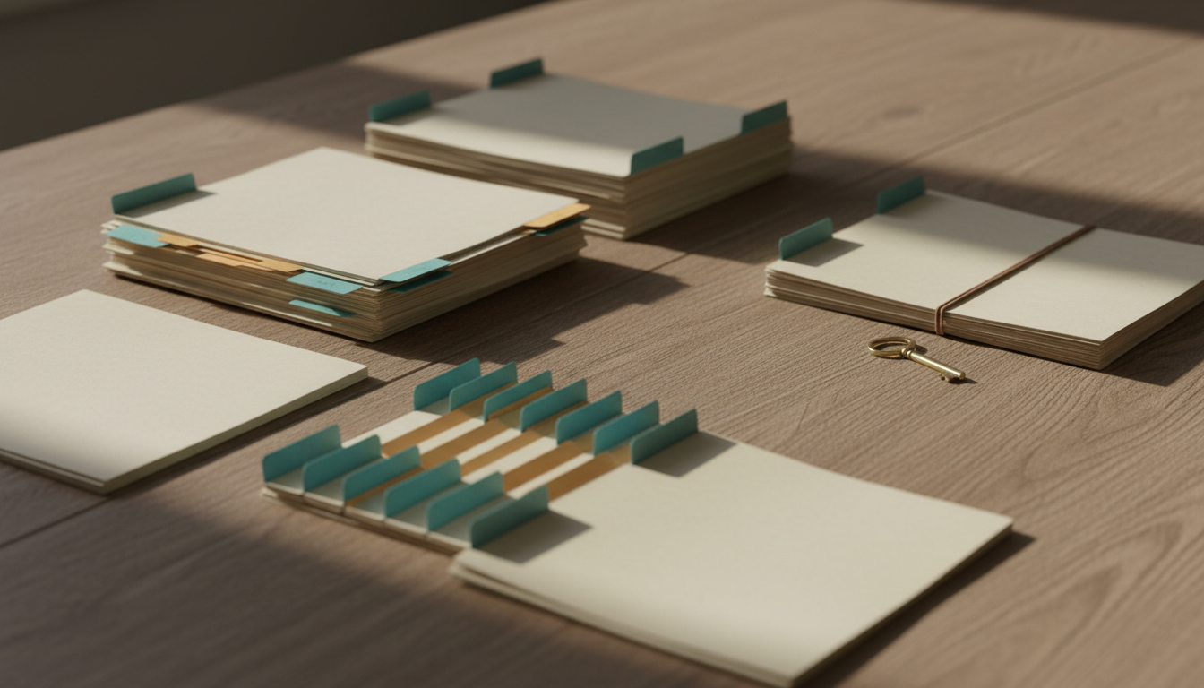 Folders with coloured tabs on a wooden desk, ascending from thin to thick, with two open dossiers on the left and a rubber-banded closed dossier and brass key on the right.