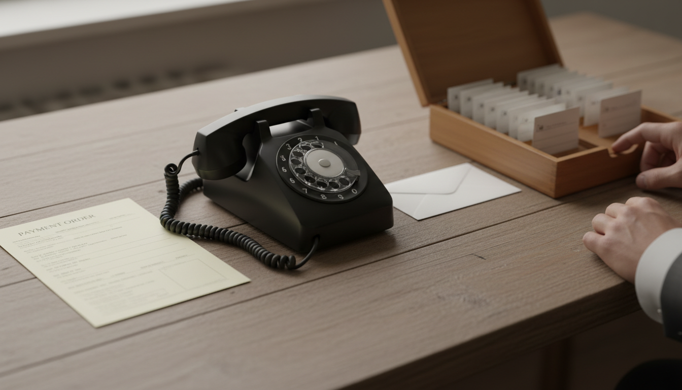 A wooden desk with a printed payment order, a black landline telephone with the handset off, and an open card index of contact cards arranged in a row.