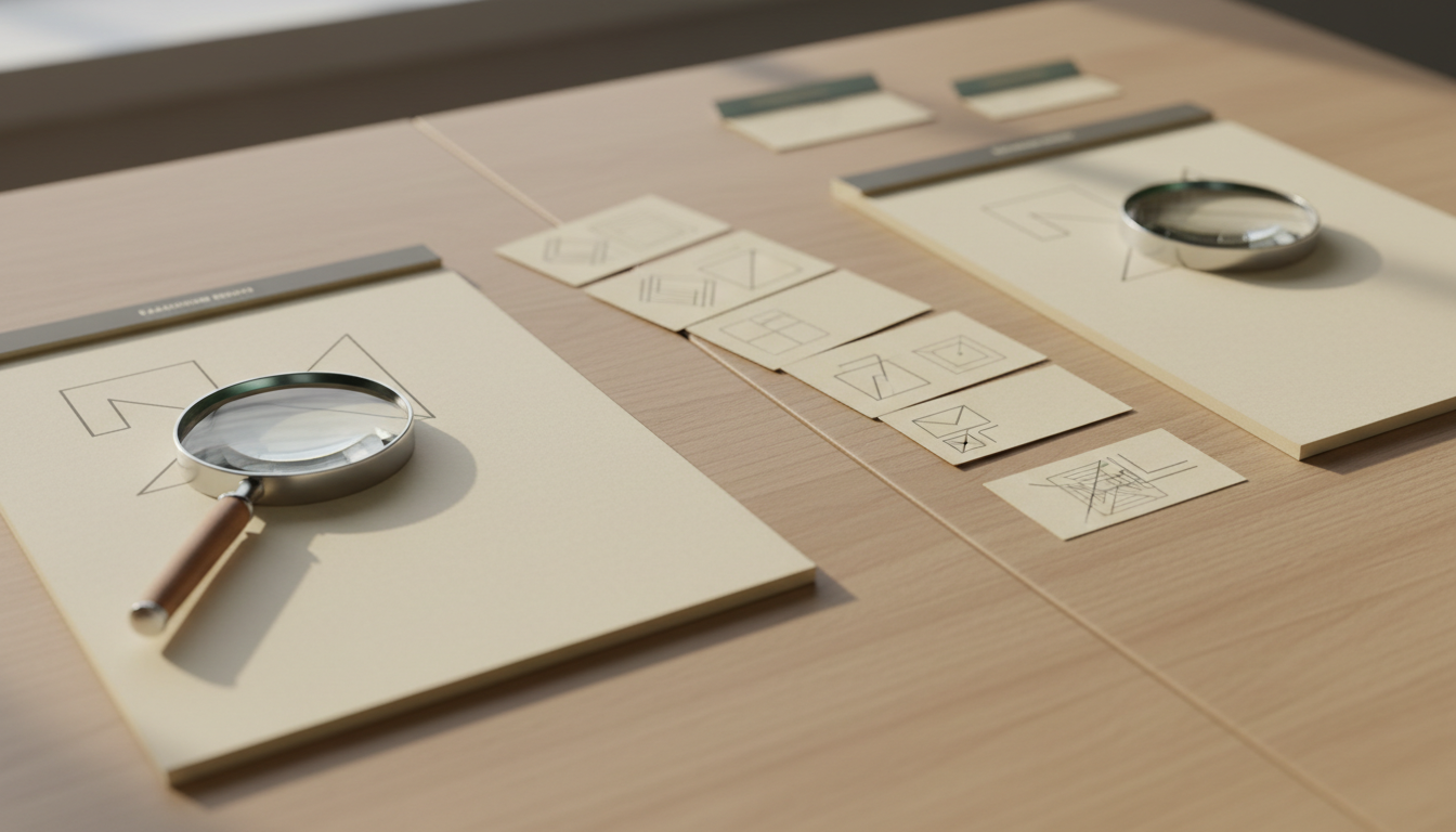Two paper evaluation reports lie side by side on a wooden desk, with a graduated row of loose task cards and a magnifying glass between them.