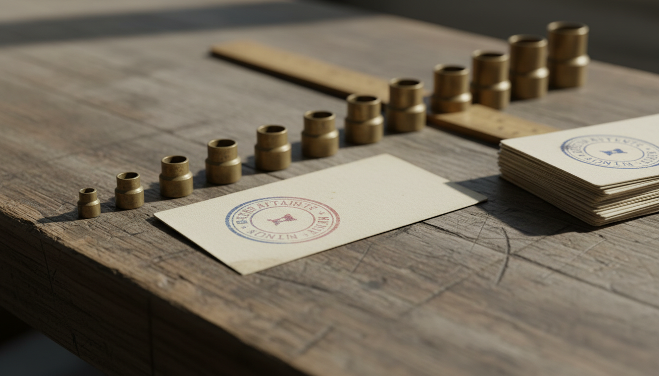A row of brass measuring gauges in ascending order on a wooden workbench, beside a stack of stamped inspection cards with one set aside.