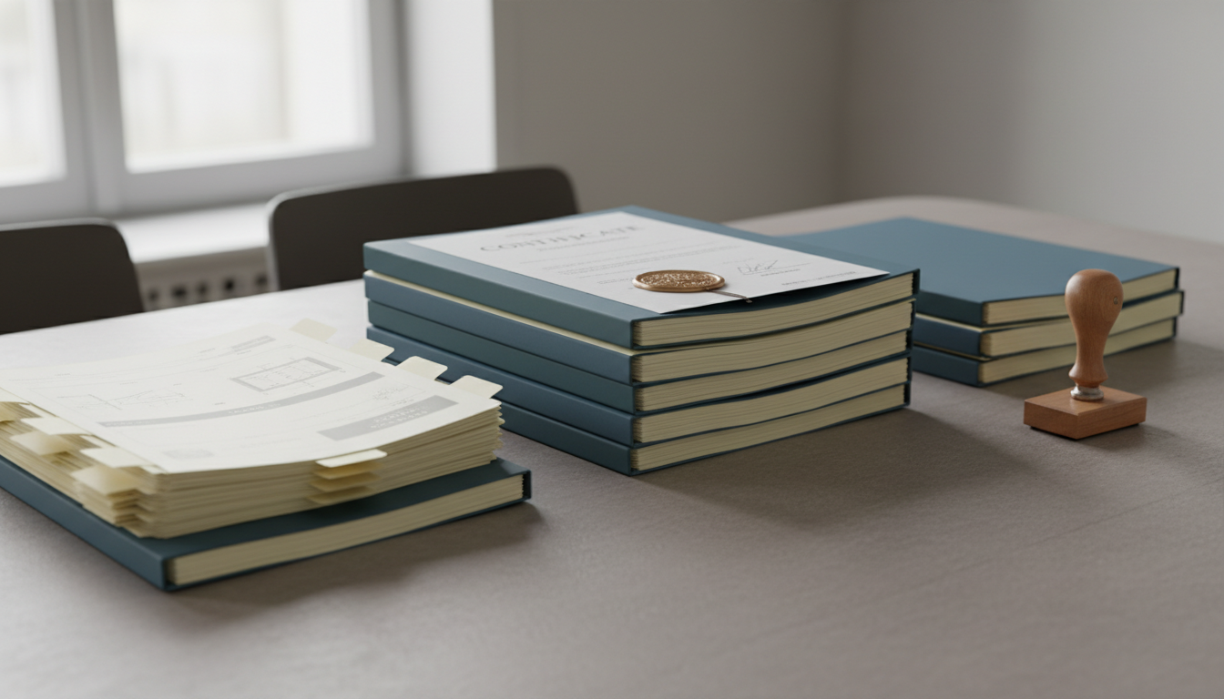 Three separate, orderly stacks of document folders side by side on a meeting table, with an embossed-seal certificate resting on the middle stack.