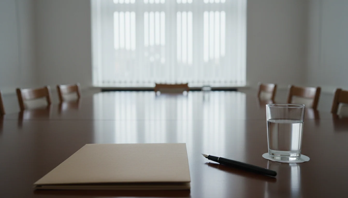 A closed cardboard document folder with a fountain pen and a glass of water on a long wooden table in an empty, formal meeting room in daylight.