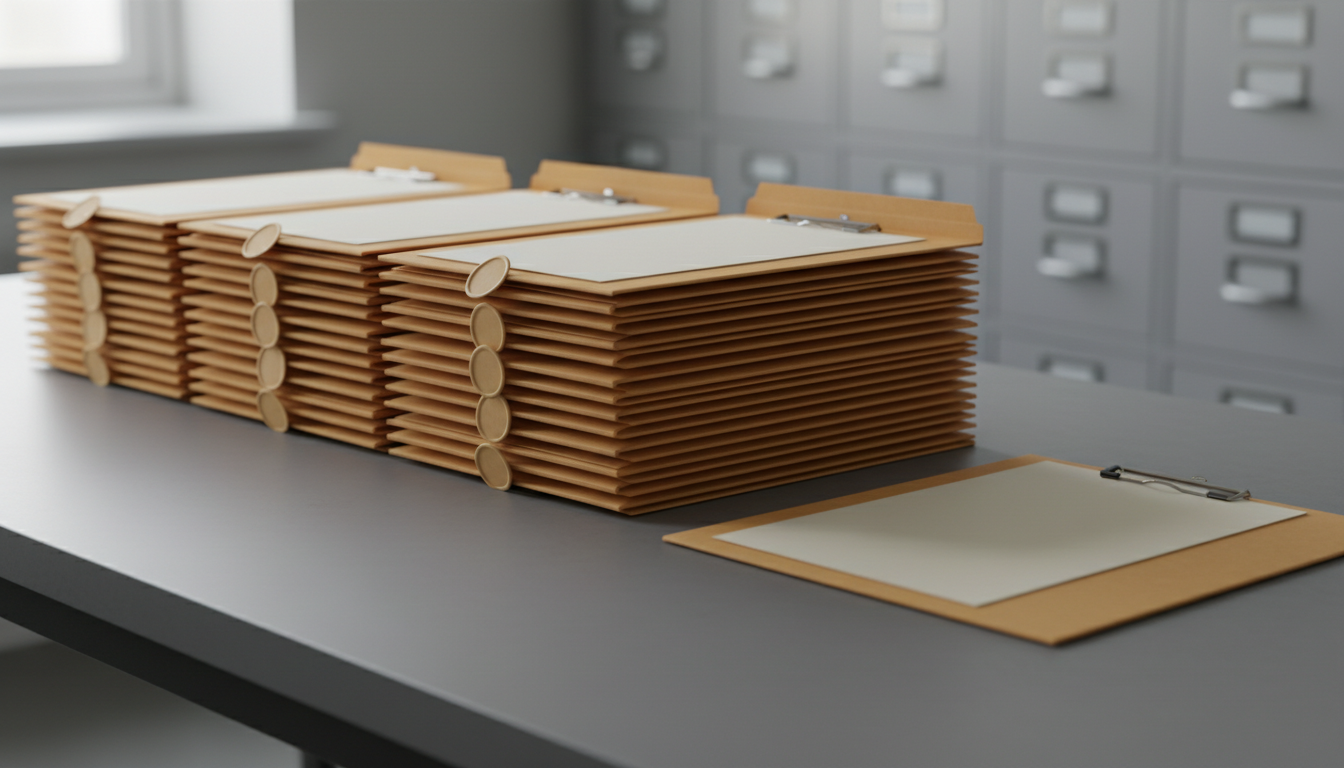 A row of sealed manila folders on a grey archive table, with one identical folder at the front left unsealed and half open.