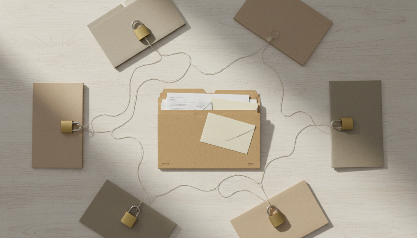 Overhead view of a wooden desk with a central hanging folder full of letters, linked by thin threads to smaller folders, most of which are cut or clipped shut with a small padlock.