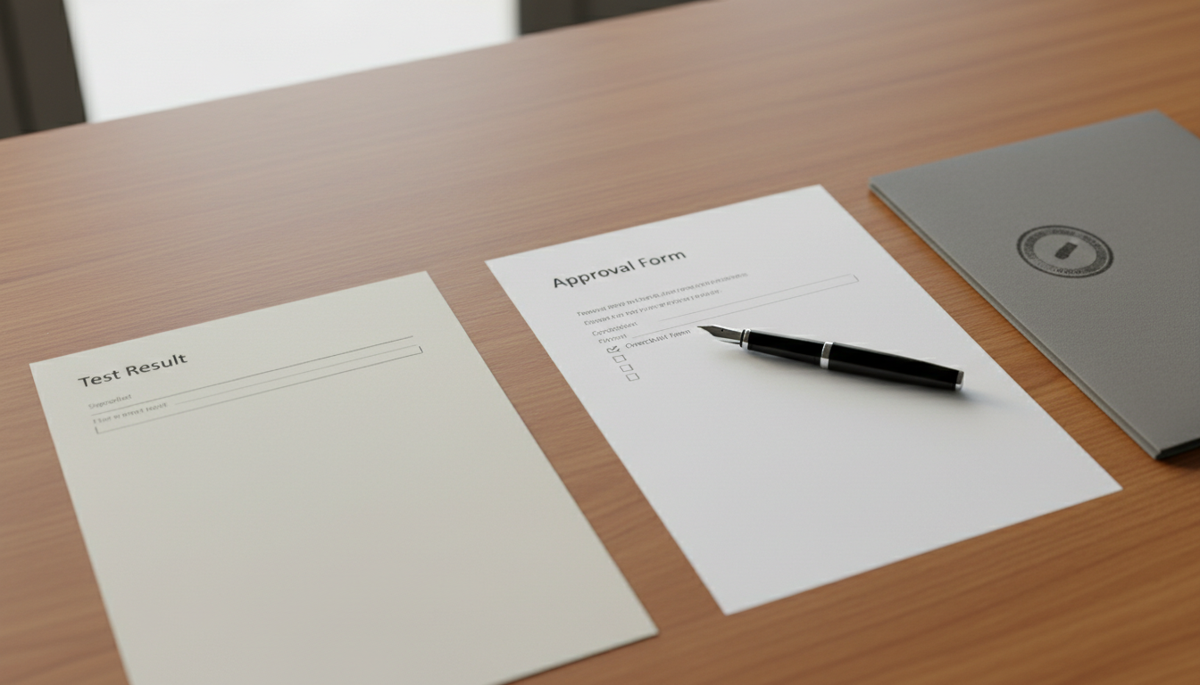 A tidy wooden desk with a loose test printout on the left and, separated by empty space, an approval form with checklist, pen and stamped folder on the right.