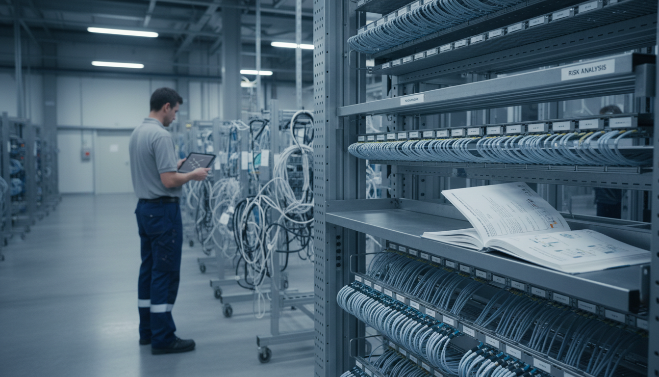 Neatly bundled and labelled fibre-optic cables with an open risk-analysis binder in front, a tangled cable cluster behind, and a technician with a tablet.
