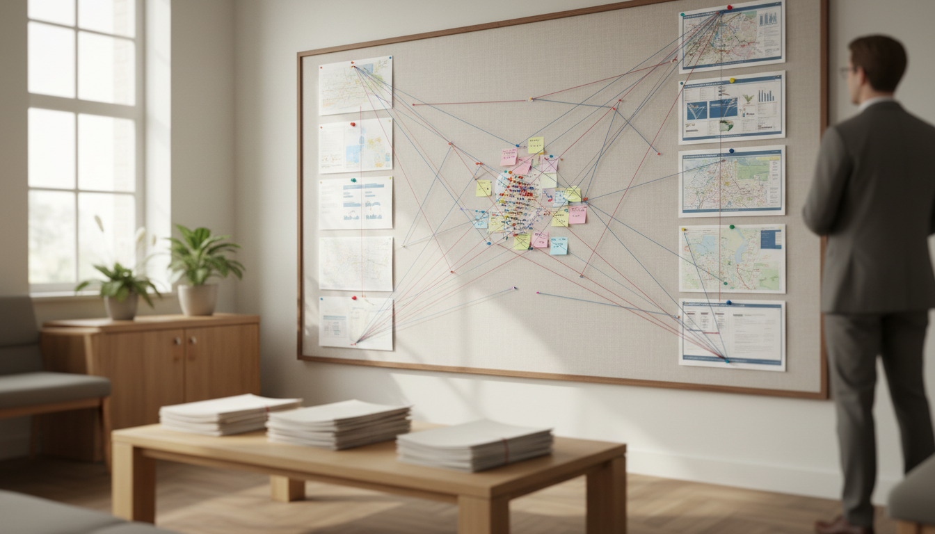 Groot wandbord met drie afzonderlijke clusters papieren documenten, verbonden door gekleurde draden en spelden die samenkomen in één punt.