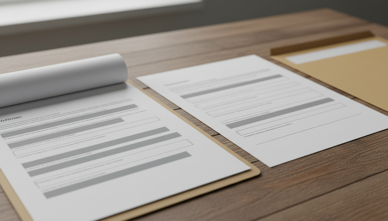 Two documents side by side on a desk: on the left a file with grey redaction strips, on the right an identically laid-out sheet with blank anonymised fields.