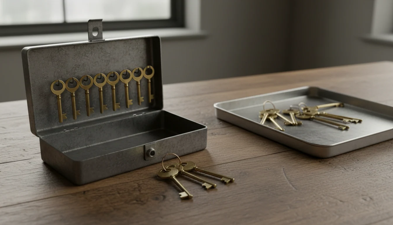 Een open stalen kluisje met messing sleutels netjes aan haakjes, terwijl losse dubbele sleutels over het houten bureau liggen en in een bakje liggen.