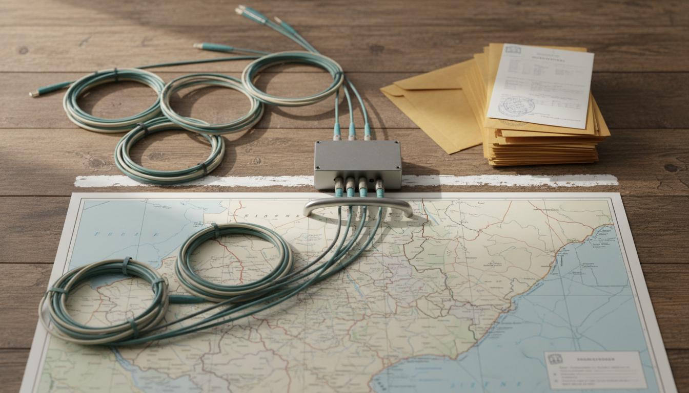 A table split by a border line, with fiber-optic cables in a junction box, sealed envelopes and stamped documents sorted on either side, over a regional map.