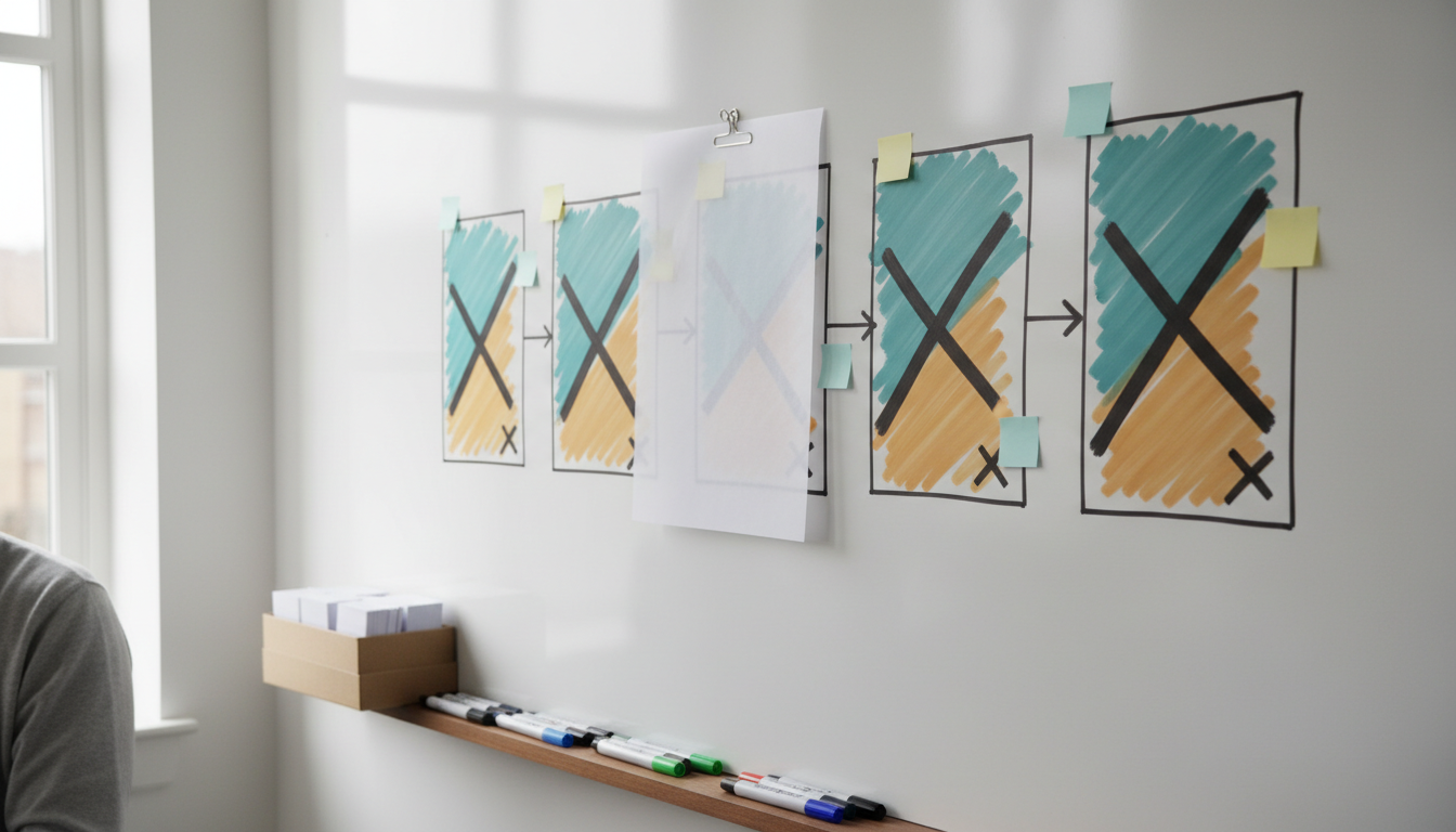 A large whiteboard showing a hand-drawn chain of four linked boxes with markers, crossed-out sections, stickers and a partly covering overlay sheet.