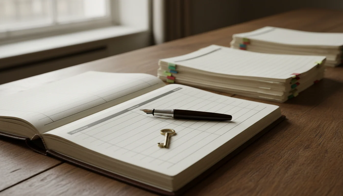 Een opengeslagen ingebonden register met lege rijen op een houten tafel, een vulpen en een messing sleutel liggen op één rij, naast een stapel getabde dossiers.
