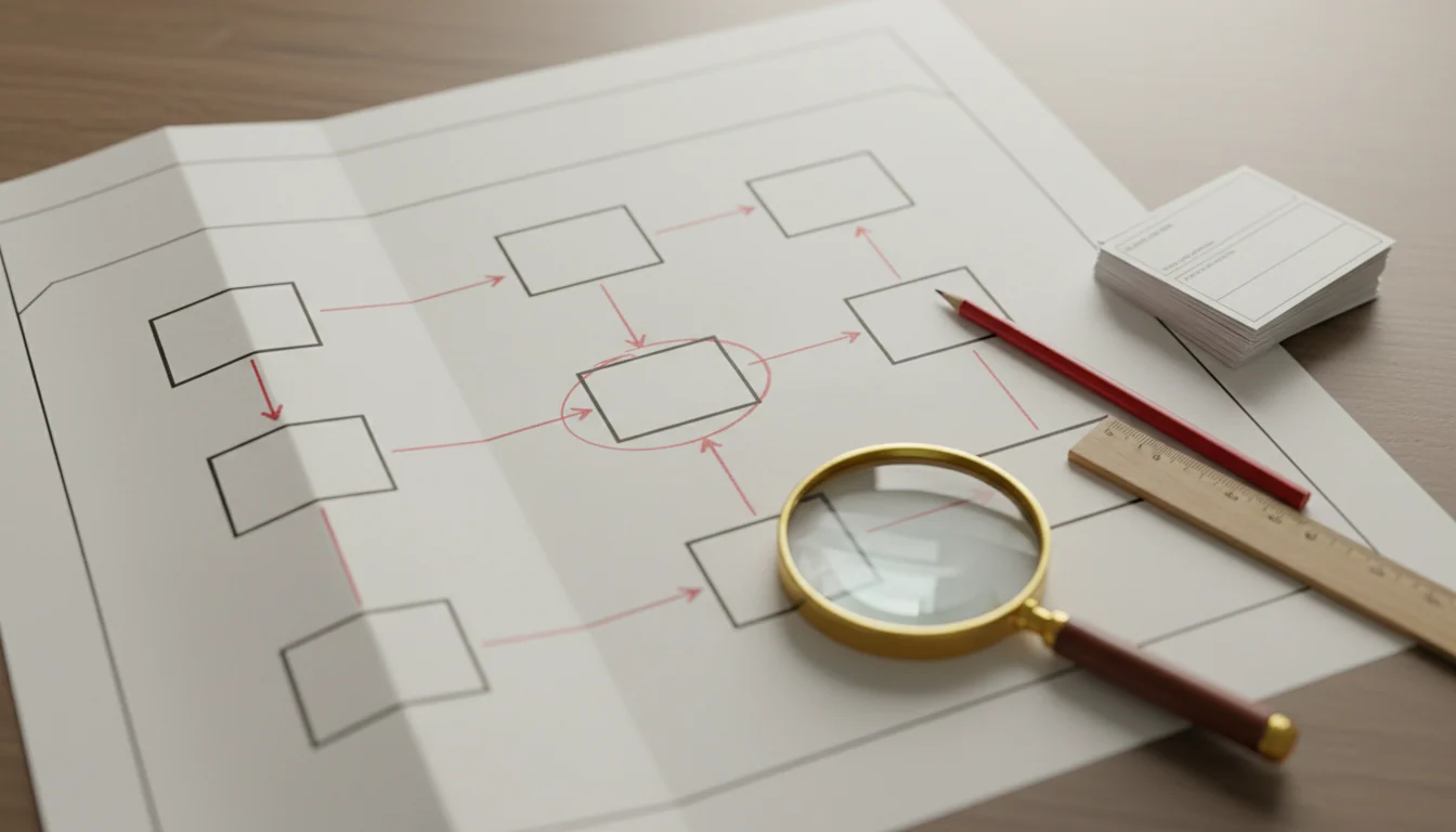 Van bovenaf gefotografeerd bureau met een gedrukt toeleveringsschema waarop met de hand pijlen zijn gemarkeerd en één component rood is omcirkeld.