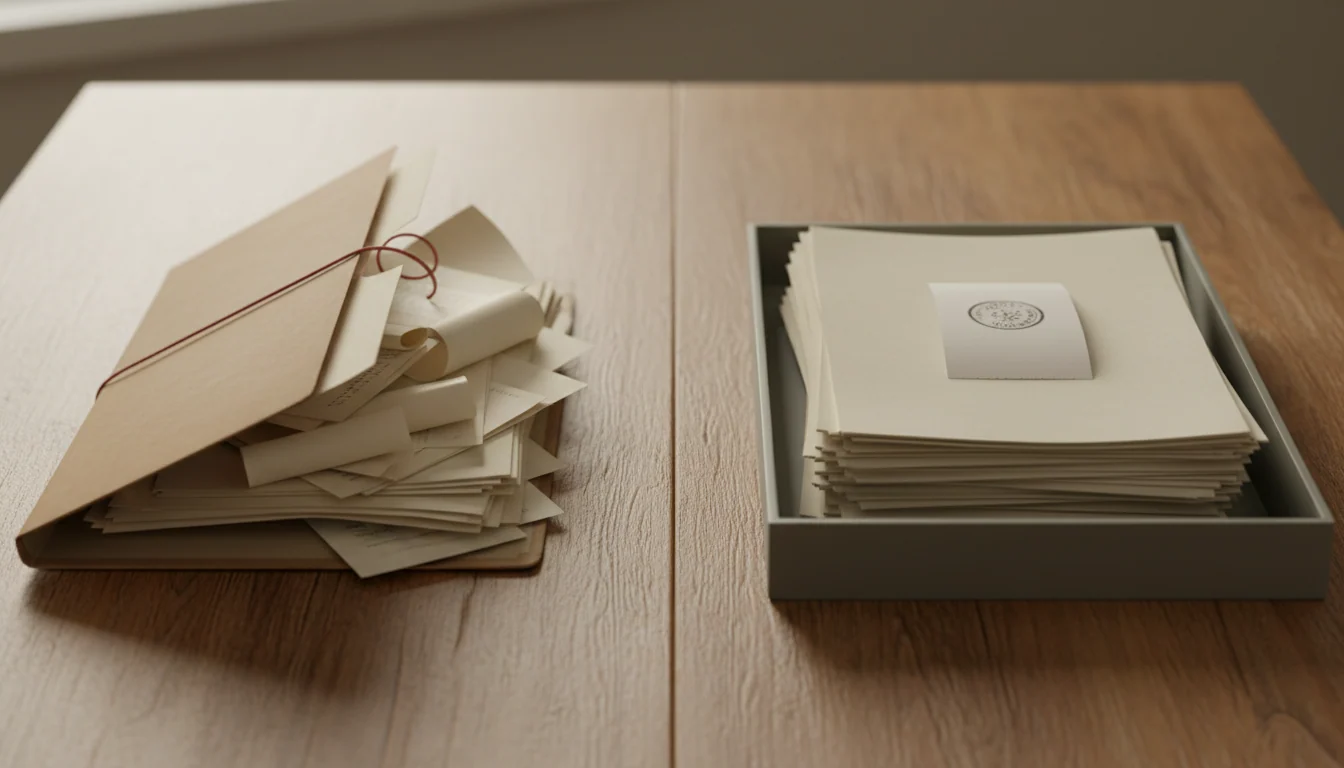 A desk with a half-closed paper case folder and loose documents on the left and the same papers neatly stacked in an archive tray with a stamped slip on the right.