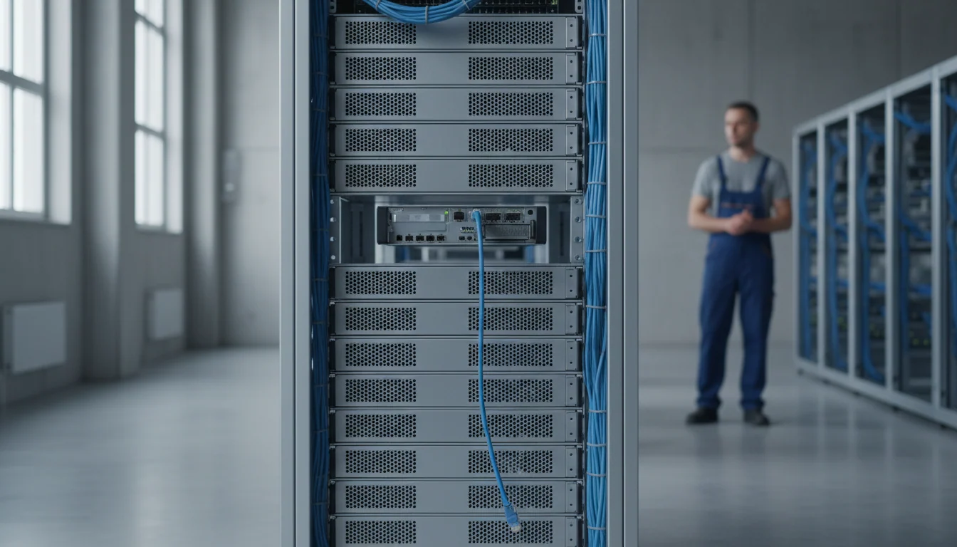 A rack of stacked hardware units with one slid forward and disconnected, a network cable hanging loose beside it, while an administrator watches from a distance.