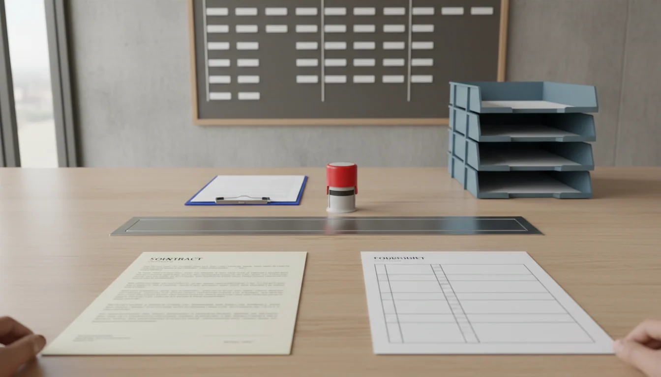 A printed source contract and a separate extracted document page lie side by side on a review table, with a stamp, sorting trays and a wall board of staged card slots.