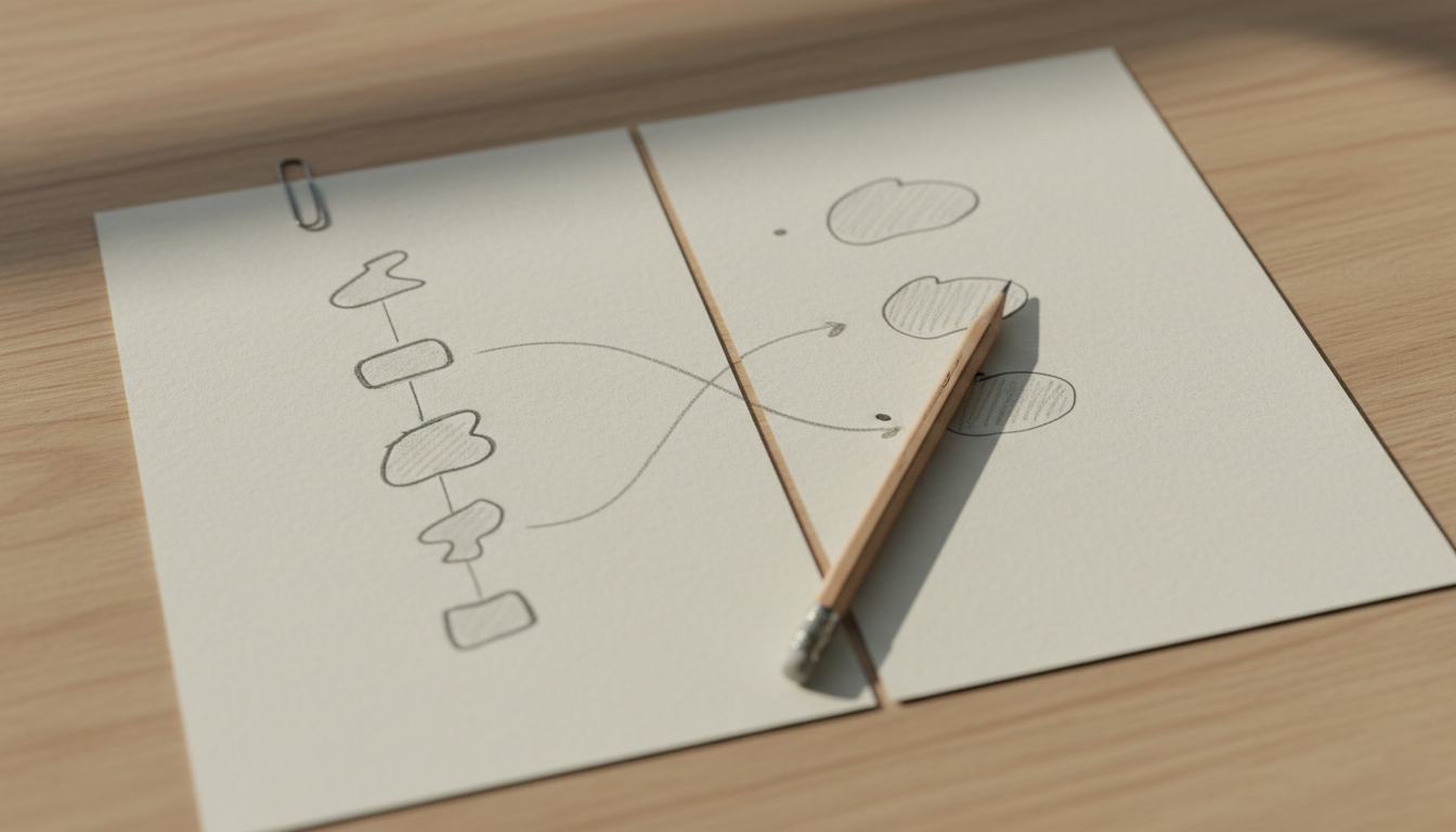Two paper process diagrams side by side on a light desk, with pencil lines connecting the sheets across the gap between them.