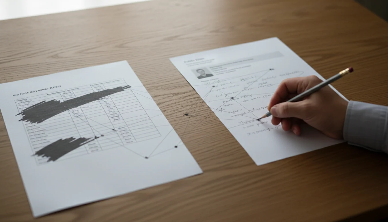 Bovenaanzicht van een bureau met links een tabel met weggelakte velden en rechts een profielafdruk met notities, verbonden door met de hand getekende potloodlijnen.