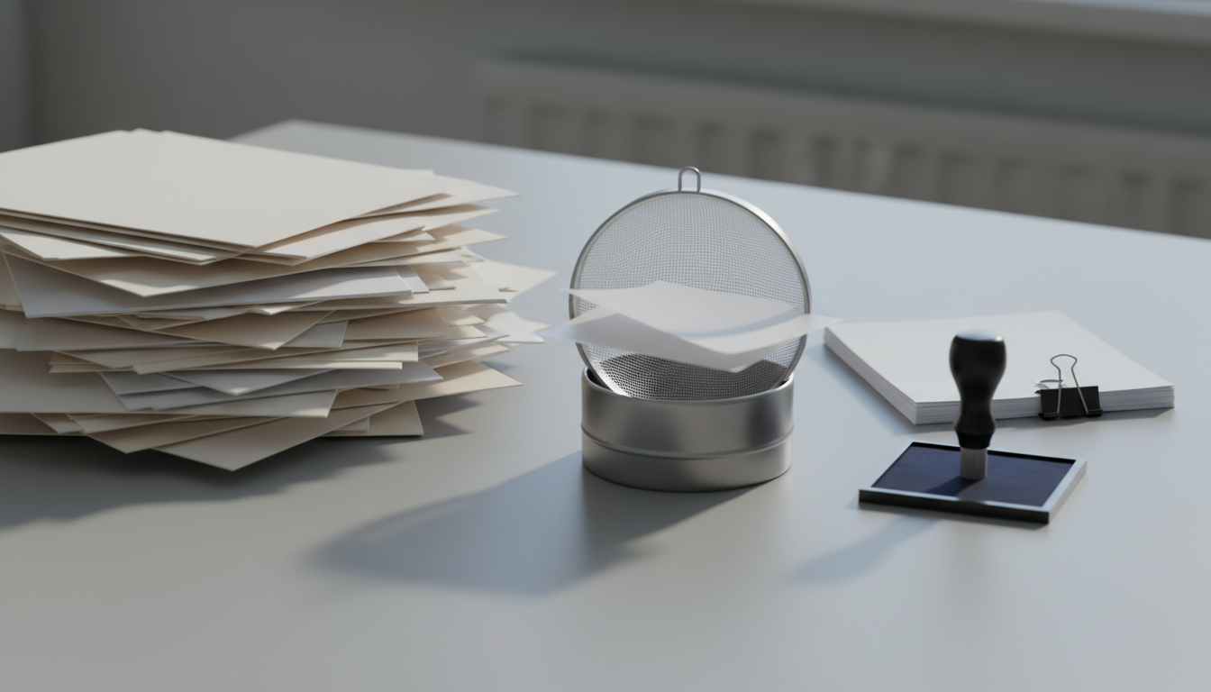 A loose pile of folders passes through a fine metal sieve into a smaller clipped stack, beside a rubber stamp on an ink pad.