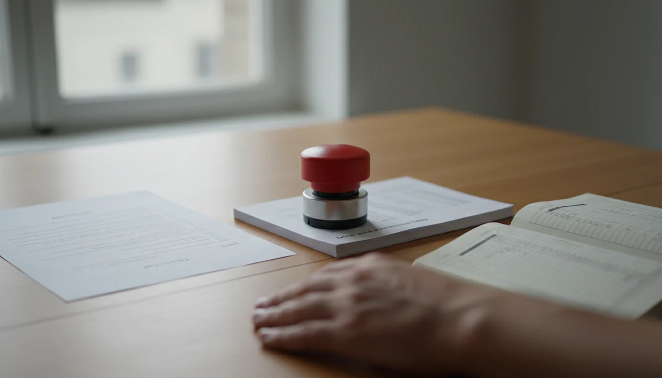 A desk with a printed decision on the left, a red stop button beside stapled papers and a logbook on the right, and a hand pausing at the dividing line.
