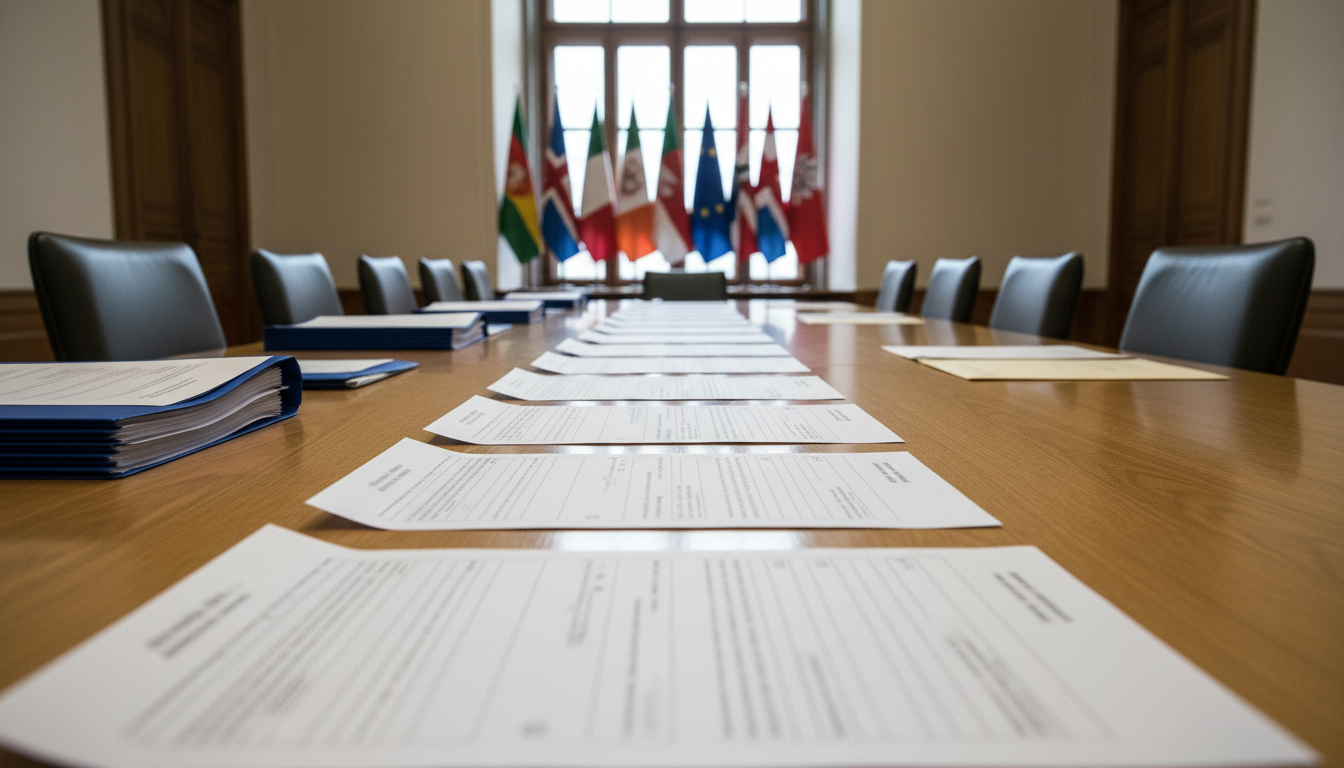 Een lange tafel met een rij identieke gestructureerde papieren vragenlijsten, stapels dossiers en verzegelde enveloppen, met wazige EU-vlaggen achter het raam.