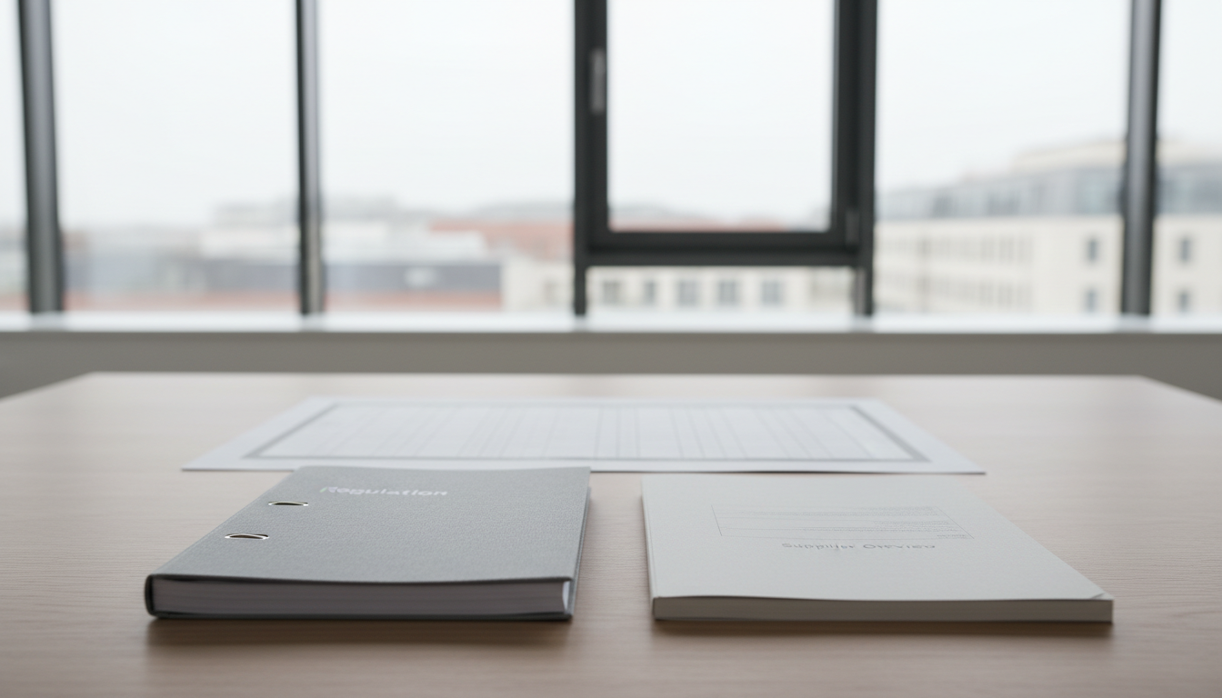 A thick bound regulation document lies beside a thinner supplier overview file on a wooden desk in daylight.