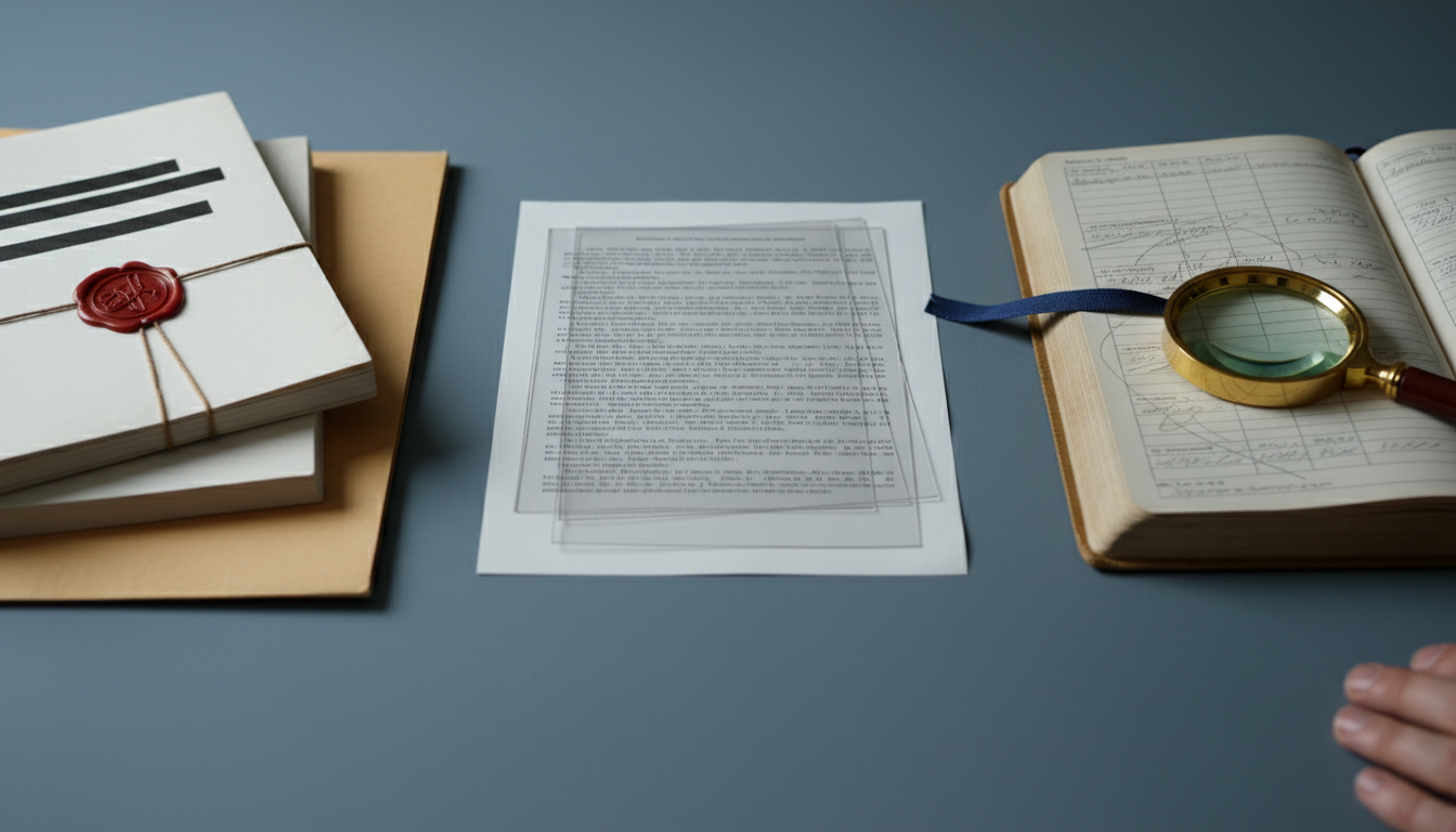 Verzegelde en zwart gelakte documenten links gaan via transparante overlaysheets naar een open, met potlood geannoteerd logboek met vergrootglas rechts.