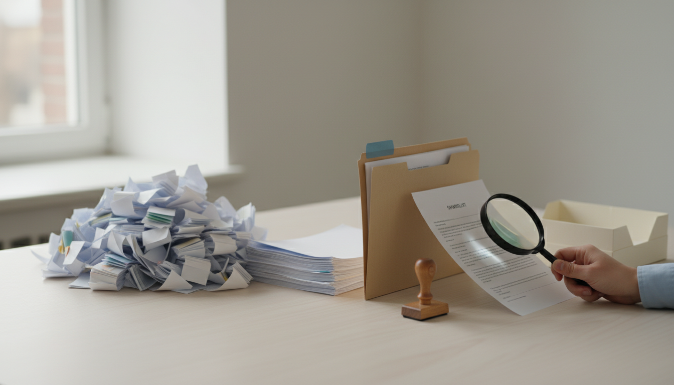 Stacks of printed CVs on a wooden desk rise from a large unsorted heap to a small selection, with a hand and a magnifying loupe over the final pile.