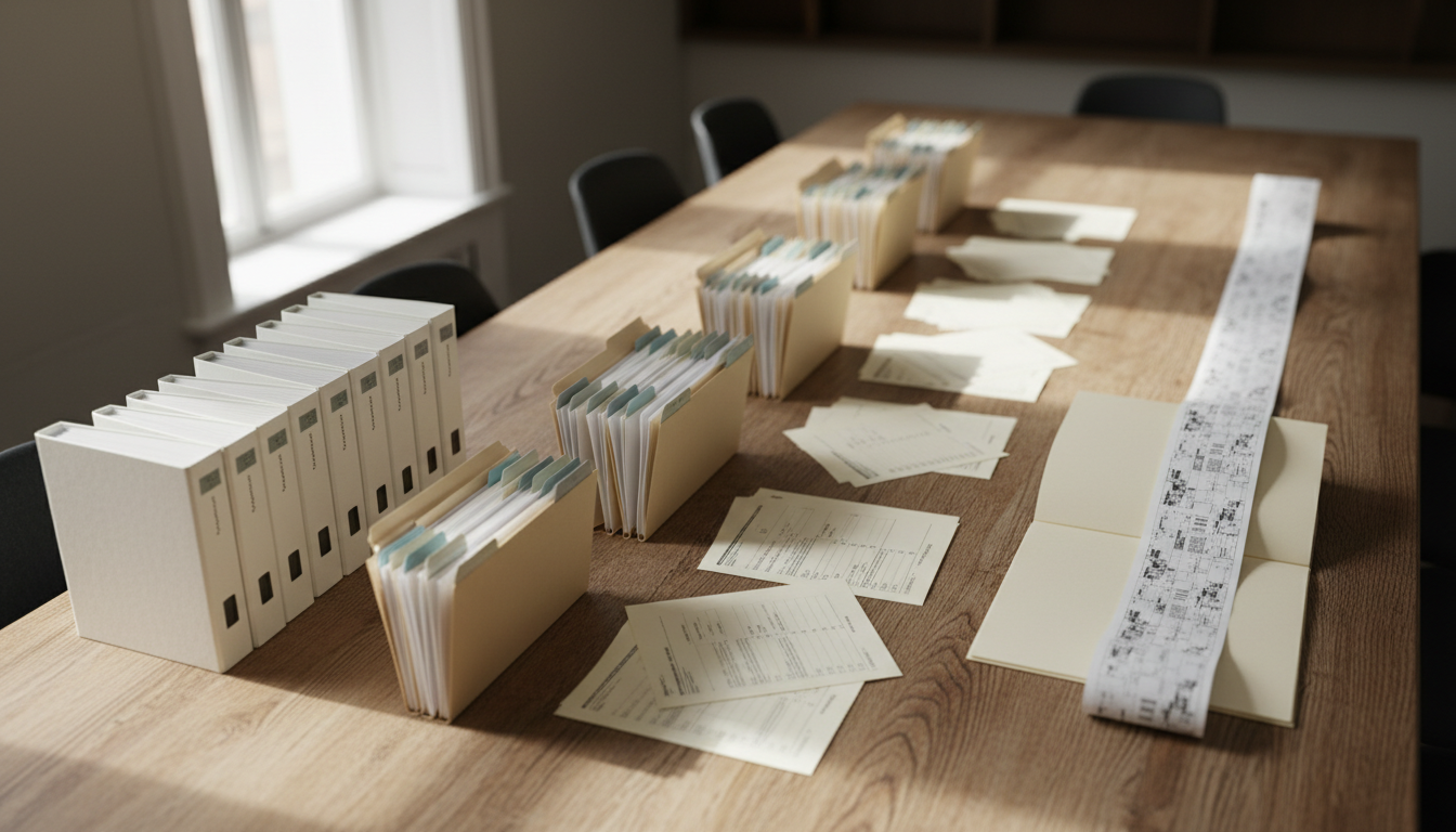 Meeting table with four ordered groups of documents, from a closed stack of binders to a fully opened folder with colour-coded tabs and a long paper log.