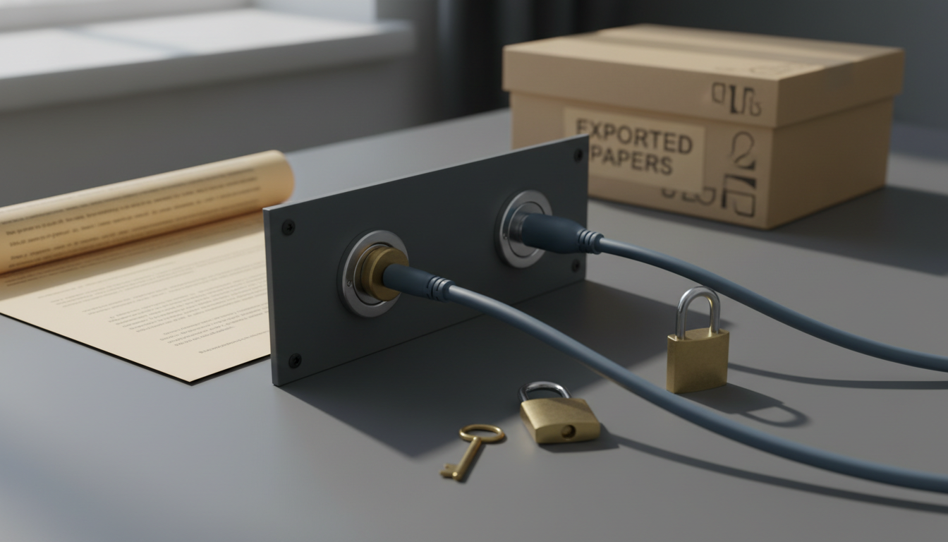 Twee datakabels vanaf een contract naar een aansluitpaneel: de linker eindigt in een verzegelde poort, de rechter blijft aangesloten, met een sleutel en een open hangslot ernaast.