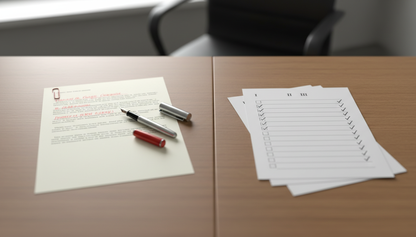 Overhead view of a desk with a red-pen annotated document and paperclip on the left, and a ticked checklist beside a stack of ordered versioned pages on the right.