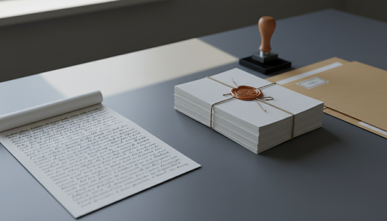 Een losse handgeschreven redeneerpagina links op een tafel, gescheiden door een lichtstreep van een verzegelde, gestempelde stapel documenten met een versielabel rechts.