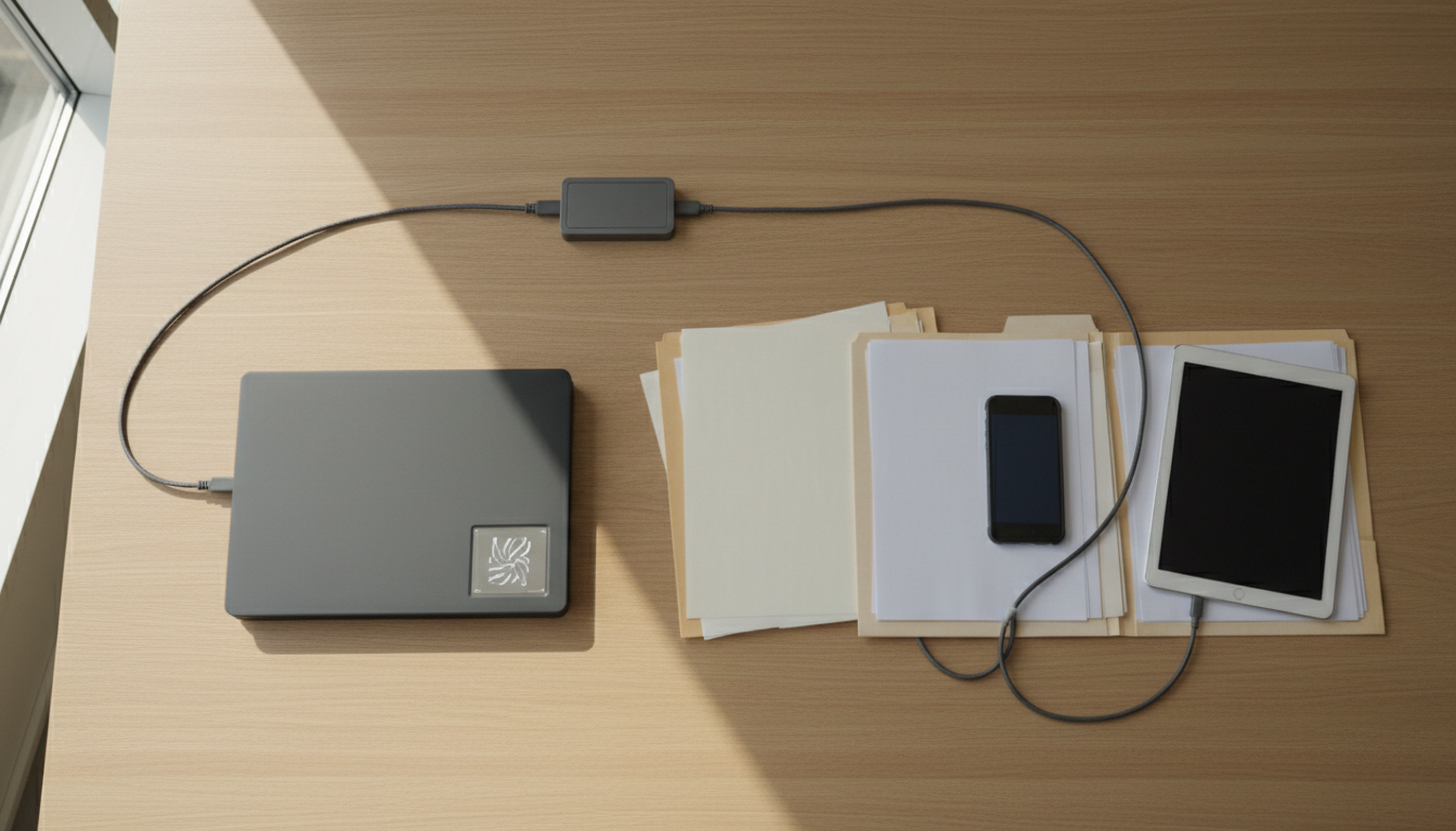 Bovenaanzicht van een bureau met een aangesloten goedgekeurd apparaat naast een persoonlijke telefoon en tablet op dezelfde papieren mappen, met loshangende kabels.