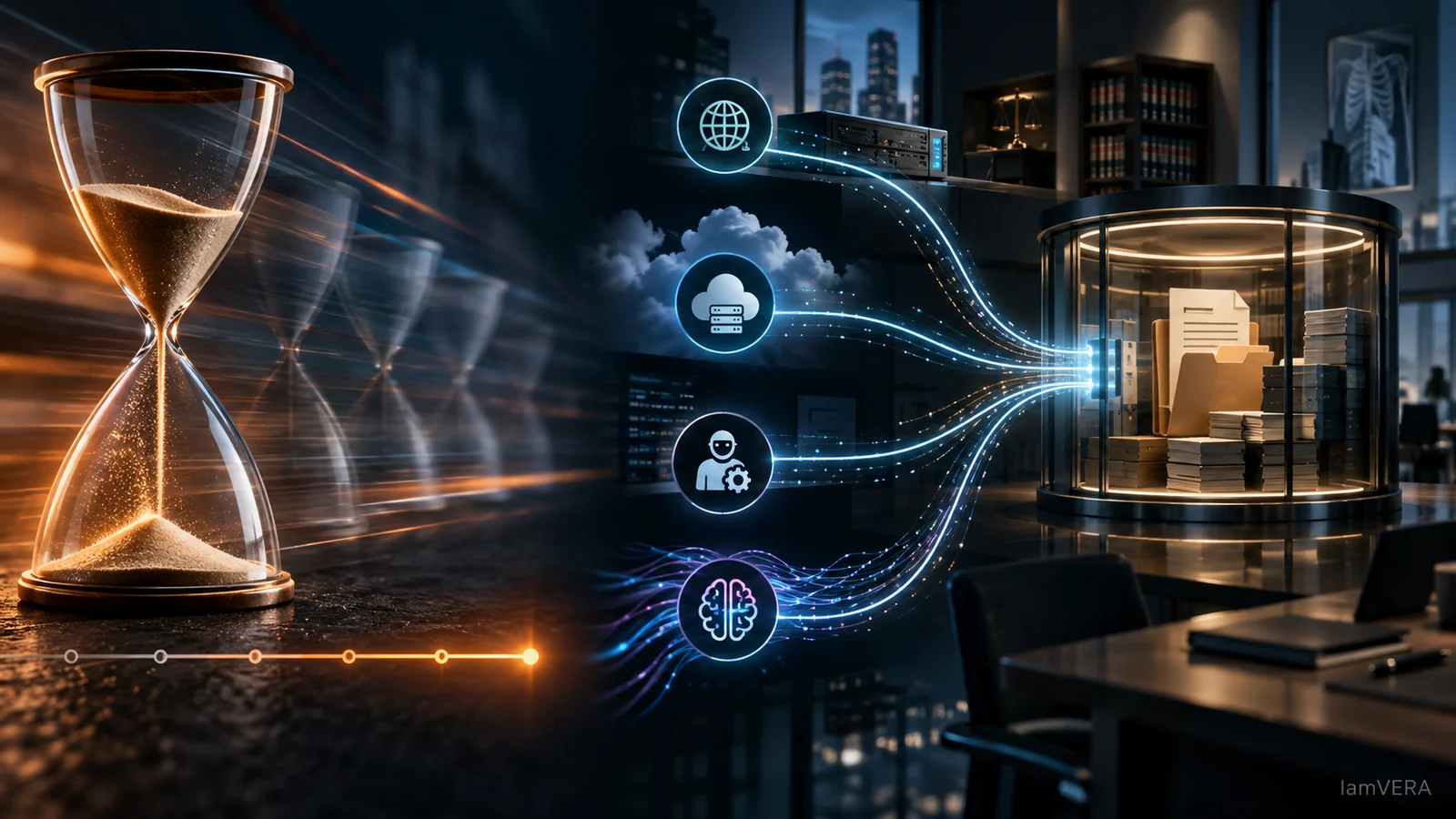 An hourglass beside four digital access routes — internet-facing systems, cloud, machine identities and AI — converging on a glass vault of confidential files.