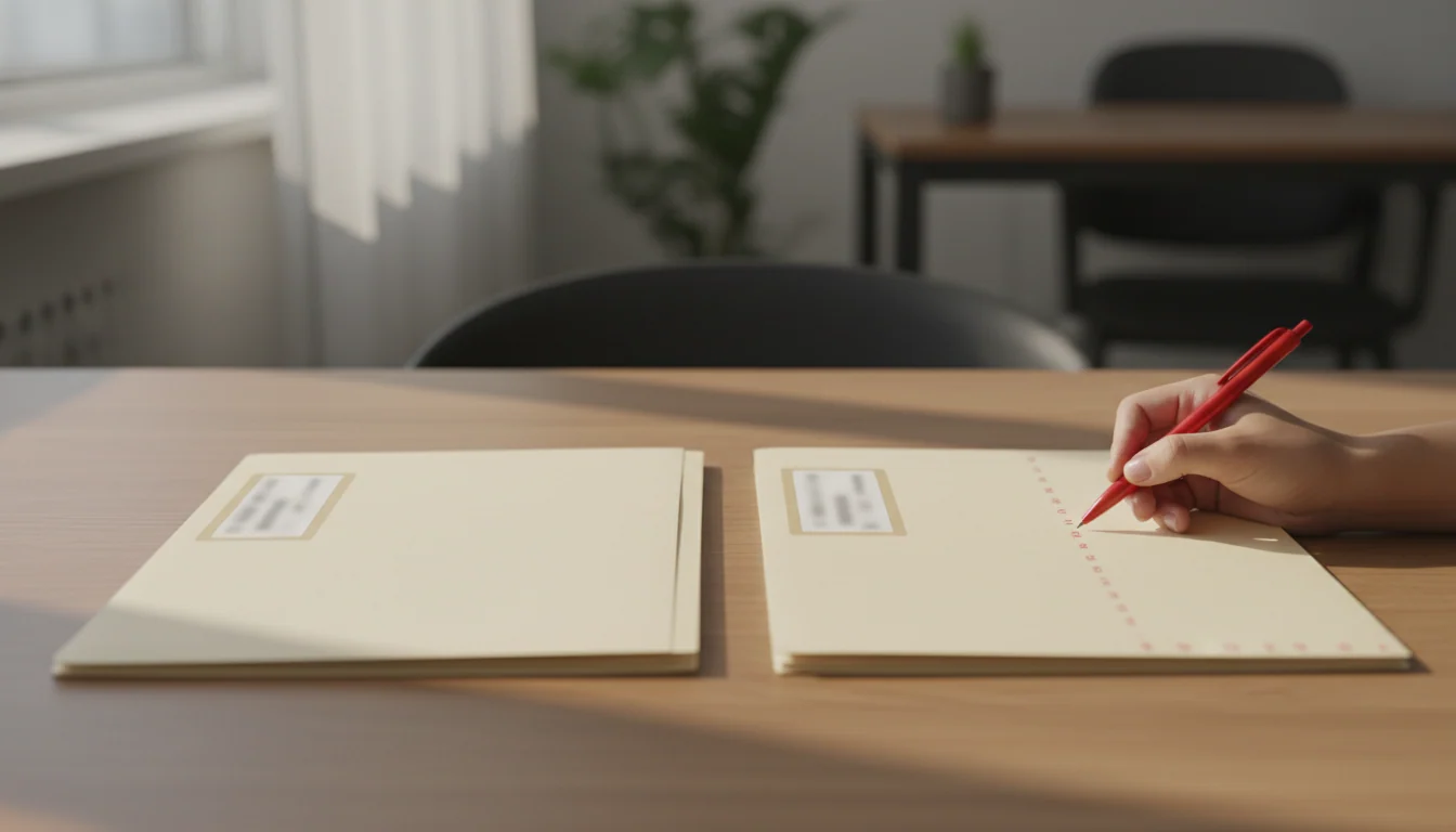 Two identical case folders side by side on a desk, each with a different name tag, while a hand with a red pen annotates only the right folder.