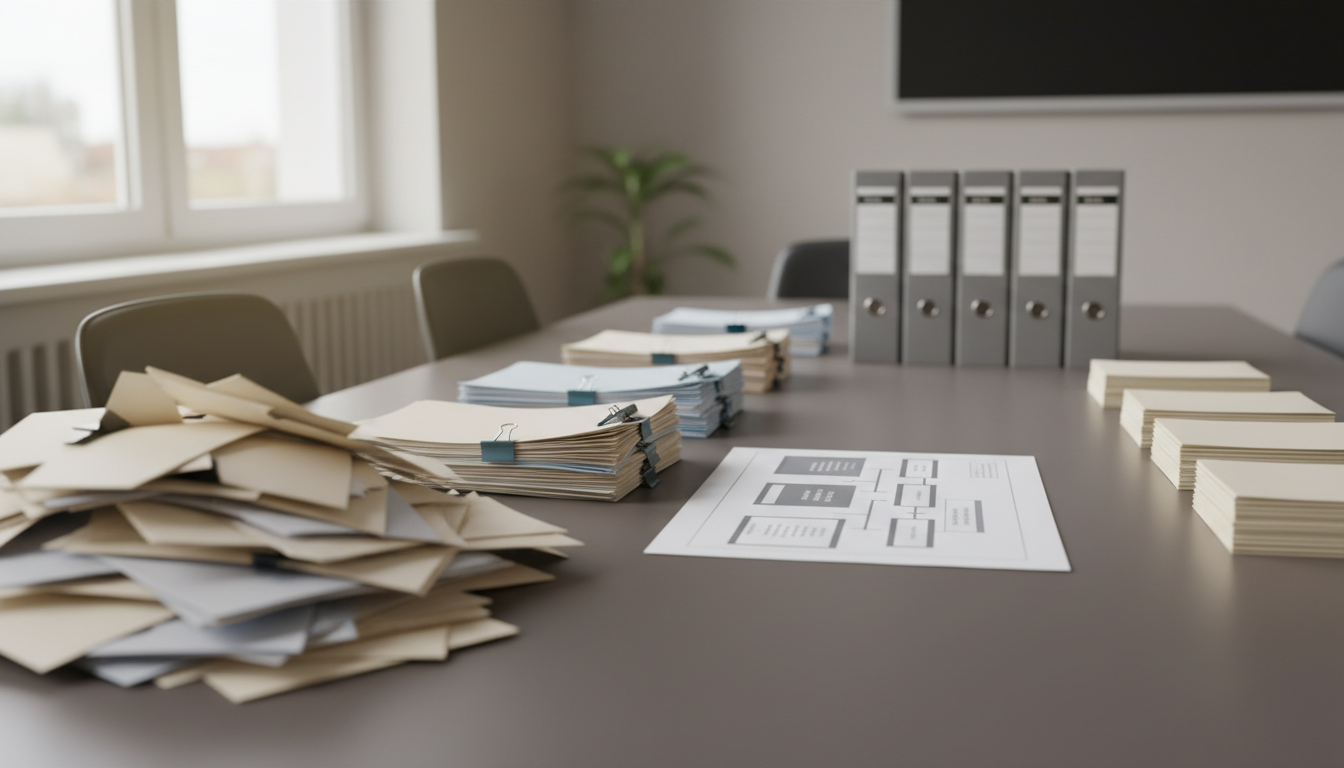 Long meeting table with documents progressing from a loose pile on the left into neat, tab-divided and clipped stacks on the right, in natural daylight.